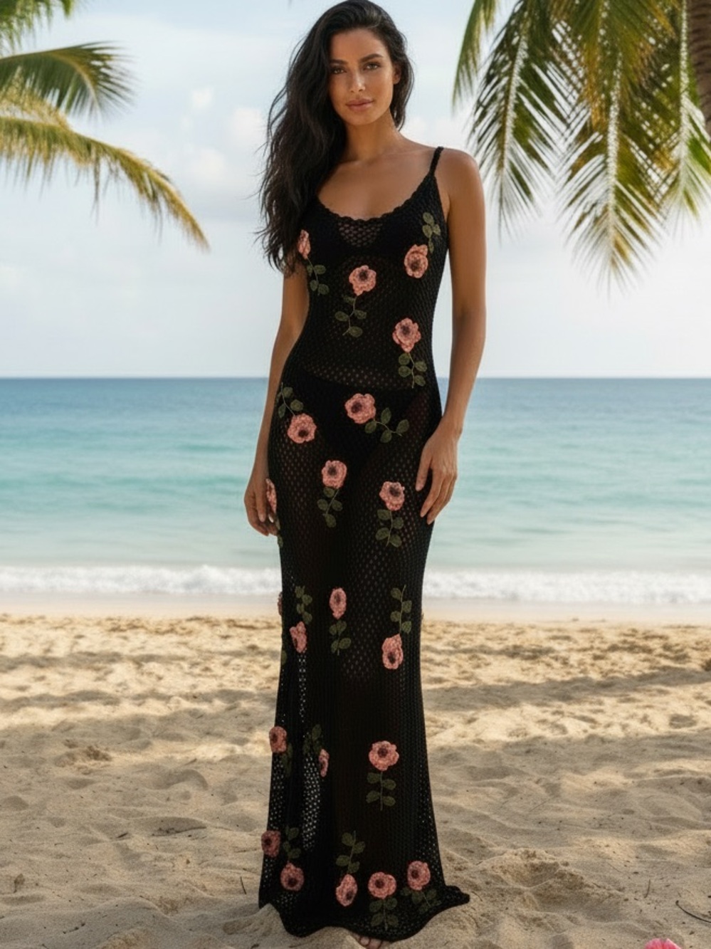 Black Floral hand Crocheted Maxi Dress‎ Attitudes by Debra